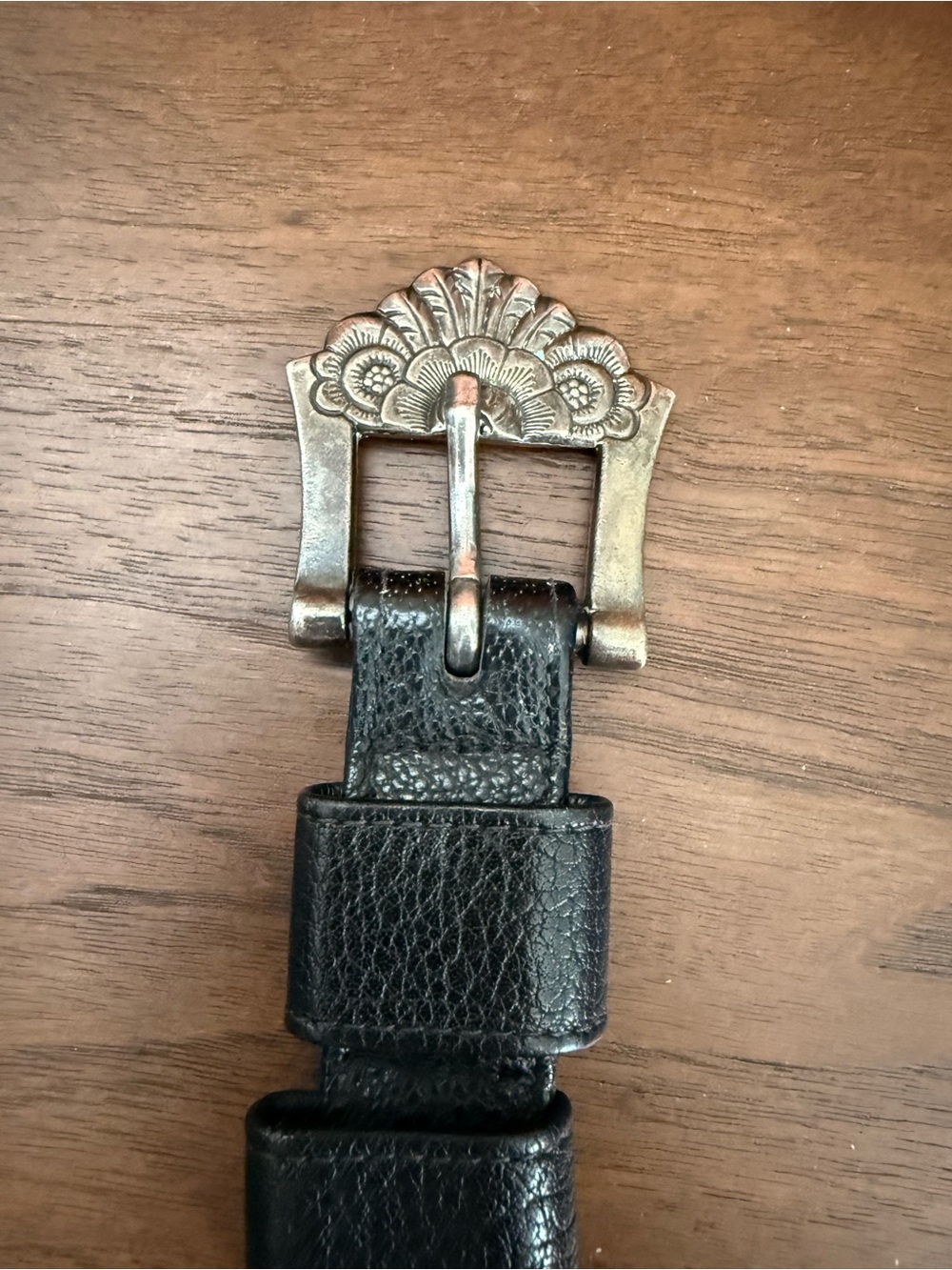 Alpaca Eberle Black Leather Women's Belt with Ornate Antique Silver Buckle